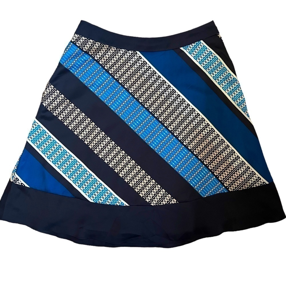 Ann Taylor Women’s Geometric A Line Blue Black Silk like Skirt Lined Sz 6P